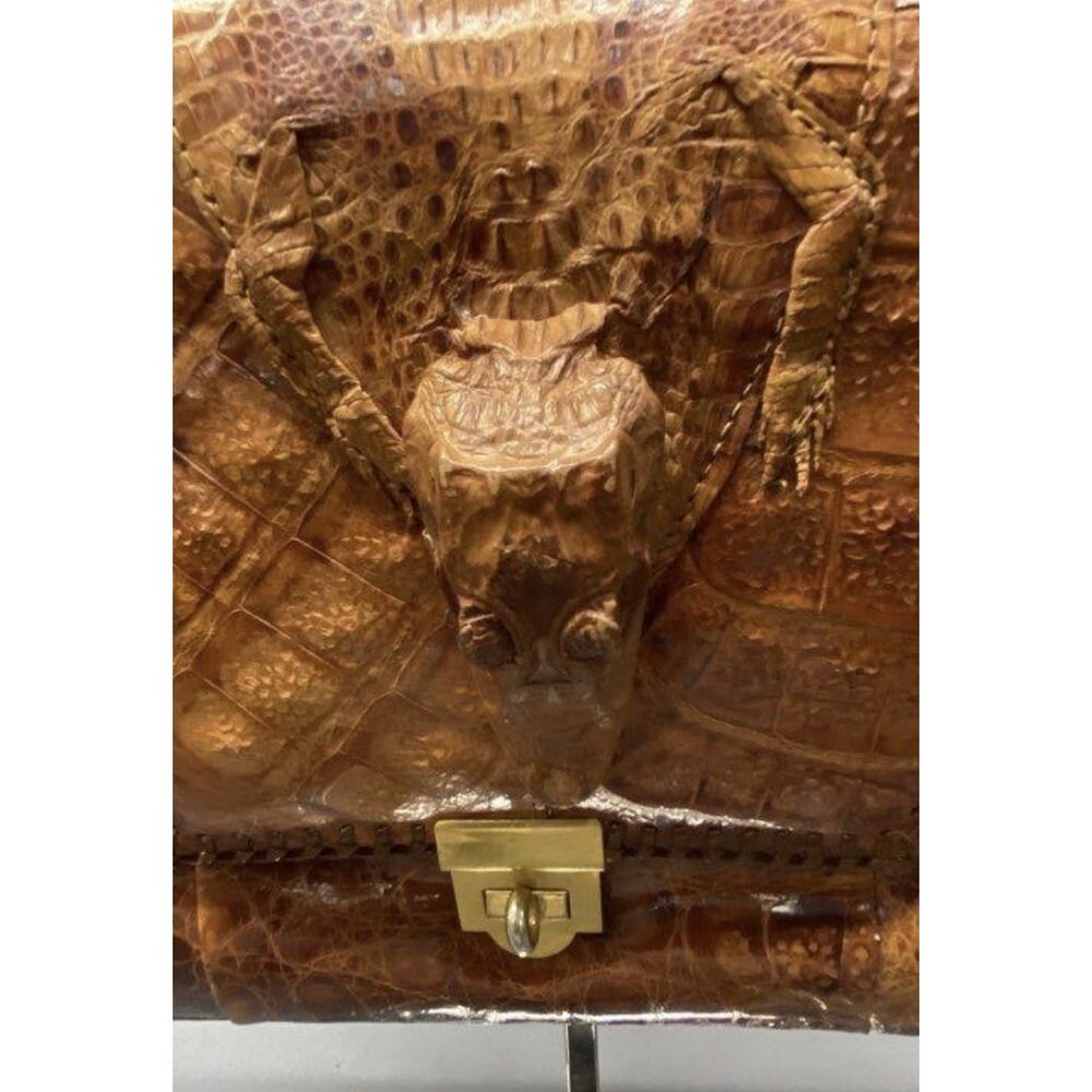 60s 70s ETCO Brown Taxidermy Alligator Exotic Handbag Purse Then Lock Whipstitch